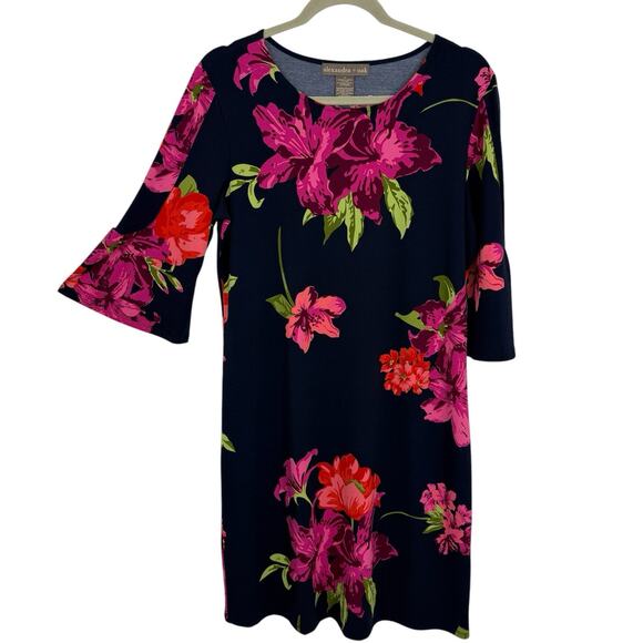 Alexandra Oak Shift Dress Size Medium Blue Floral 3/4 Flare Sleeve Preppy - Picture 1 of 6